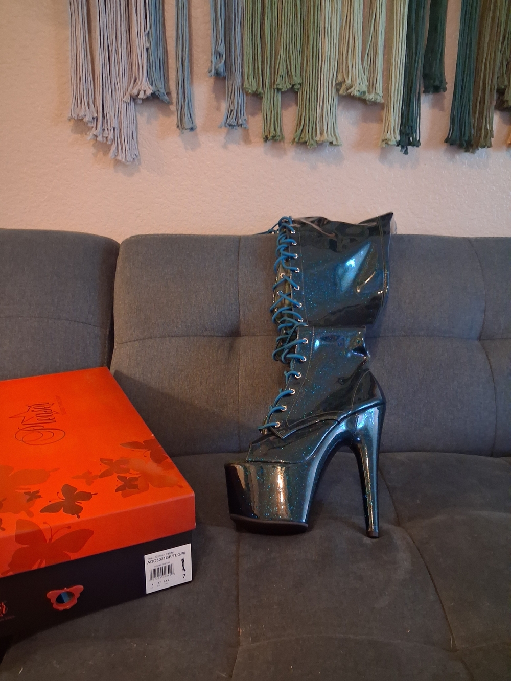 Pleaser Teal Holographic Lace-Up Platform Stiletto Boot
